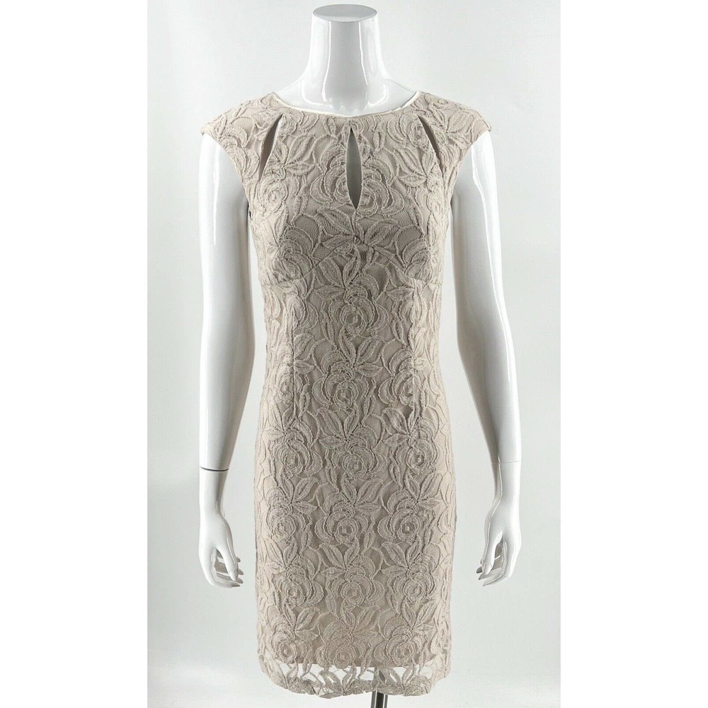 Wallis Sheath Dress Size 6 Beige Nude Lace Lined Keyhole Neckline Cap Sleeve
